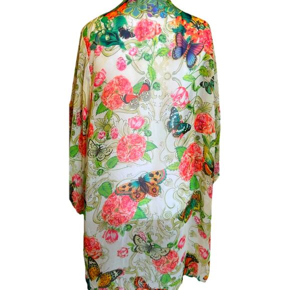Johnny Was Silk Cover-Up Kimono Butterflies Floral Boho Chic Gypsy Beach Resort - Picture 3 of 11